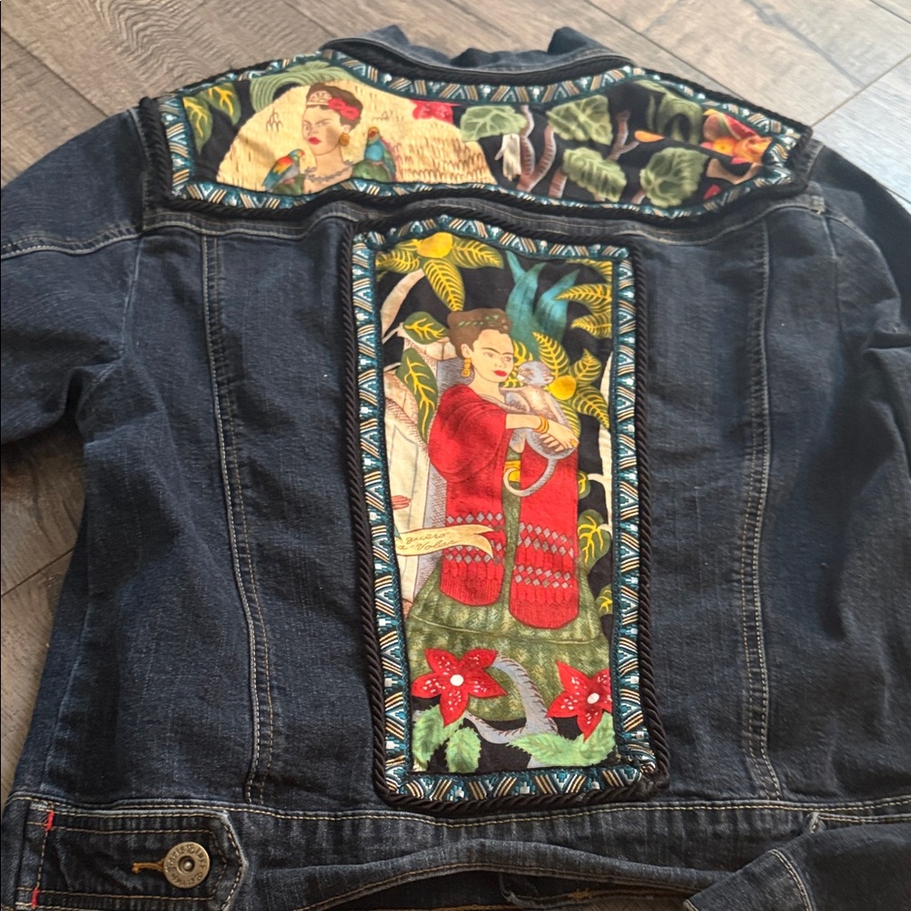 Vintage Black Denim Jacket with Red, Green and Yellow Frida Patchwork